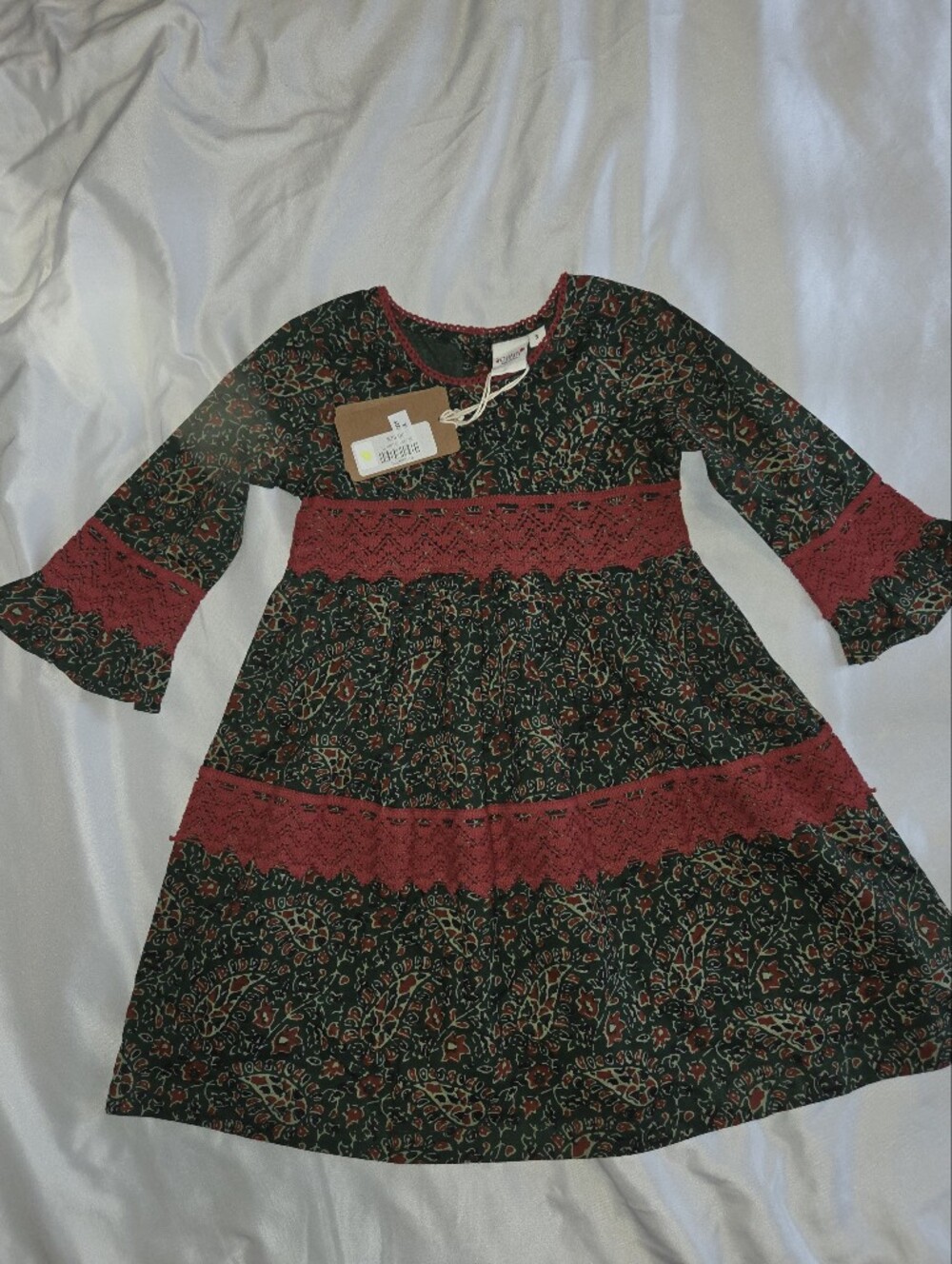 Girls' Green Floral Dress with Red Lace Trim